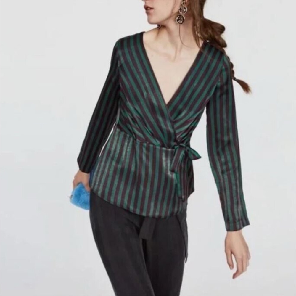 Zara‎ Women’s Satin Black/Green Stripe Satin Wrap Blouse Top w/ Tie Sz Med